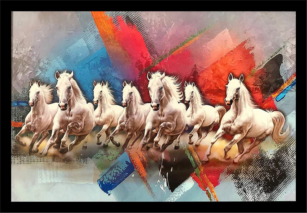 Wood Seven Lucky Running Vastu Horses Art Framed Painting Ready to hang - (White, 12inch x 18 inch)