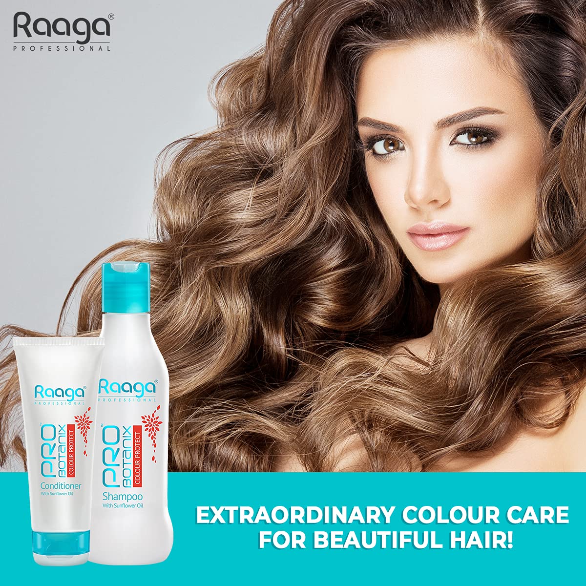 Woman with styled hair next to Raaga shampoo and conditioner bottles on a gray background