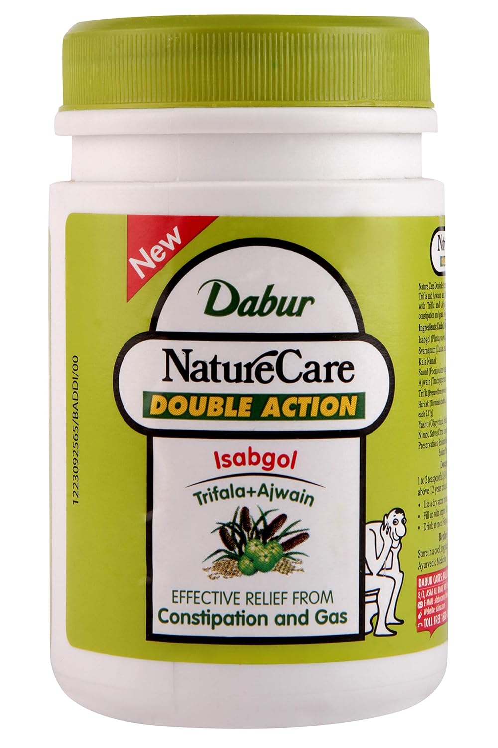 Dabur NatureCare Double Action supplement container with green lid on a white background