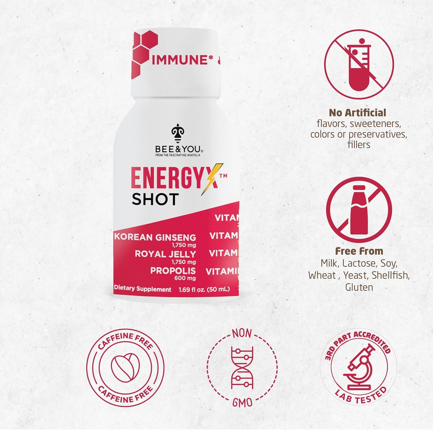 Bee and You Energy X Shot, Korean Red Ginseng, Royal Jelly, Propolis, Caffeine Free Energy Drink, Vitamin C, B3, B6, B12, Immune Support Supplement, Antioxidants, Pomegranate Flavor