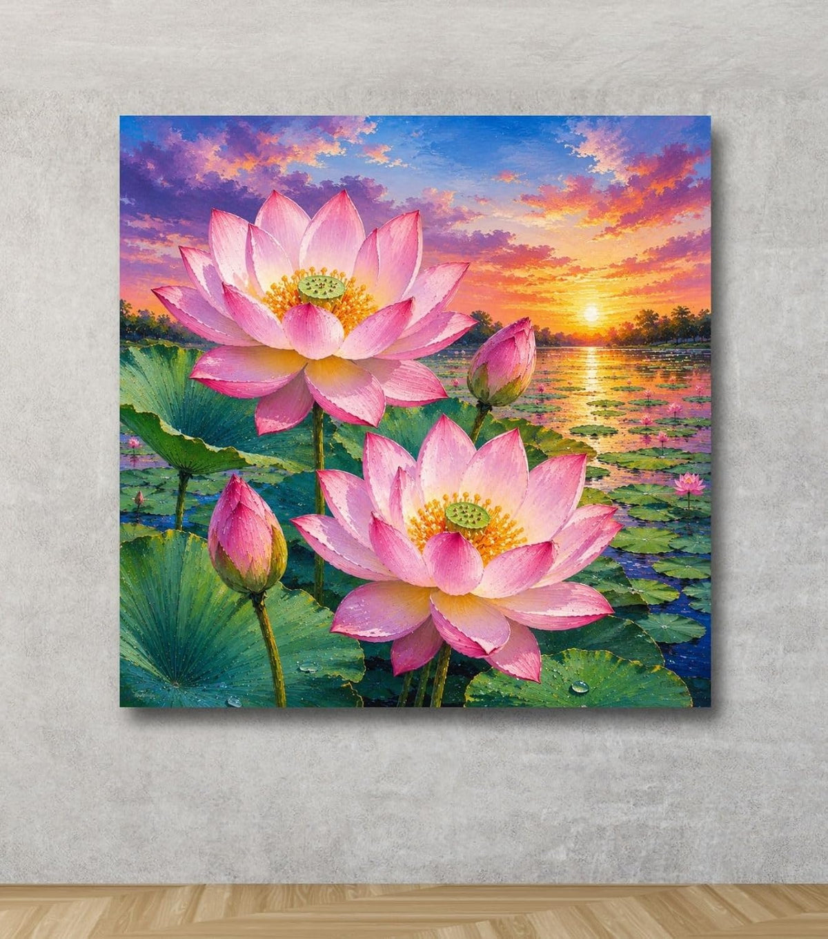 Lotus Flower Painting for Wall Vastu (15+ DESIGNS) Framed Lotus Canvas Painting for Living Room, Bedroom | Nature Floral Wall Art with Multiple Design Variations (Pink Lotus, 18x18 Inch, Framed)