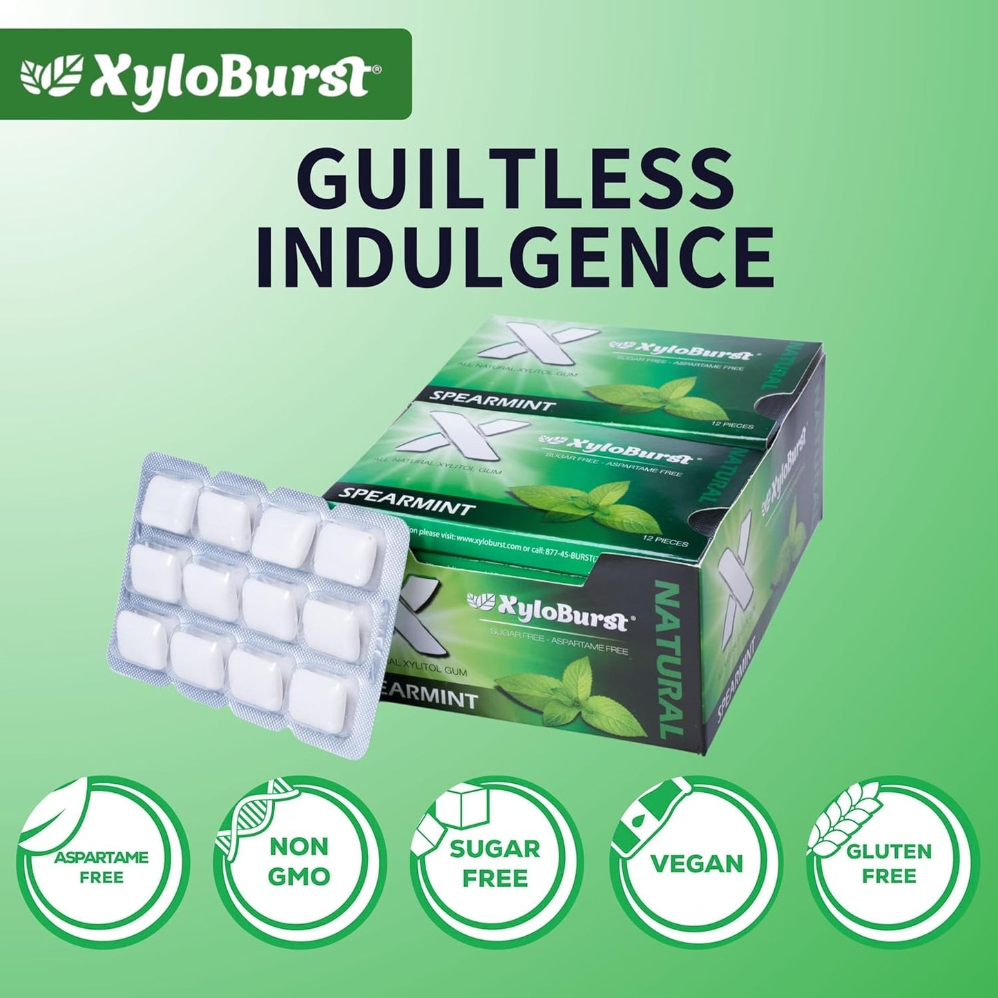 XyloBurst Gum | Xylitol Chewing Gum | Sugar Free, Gluten Free, Keto Friendly | Aspartame Free Gum For Oral Health | Spearmint | 12 Pieces, Pack of 1