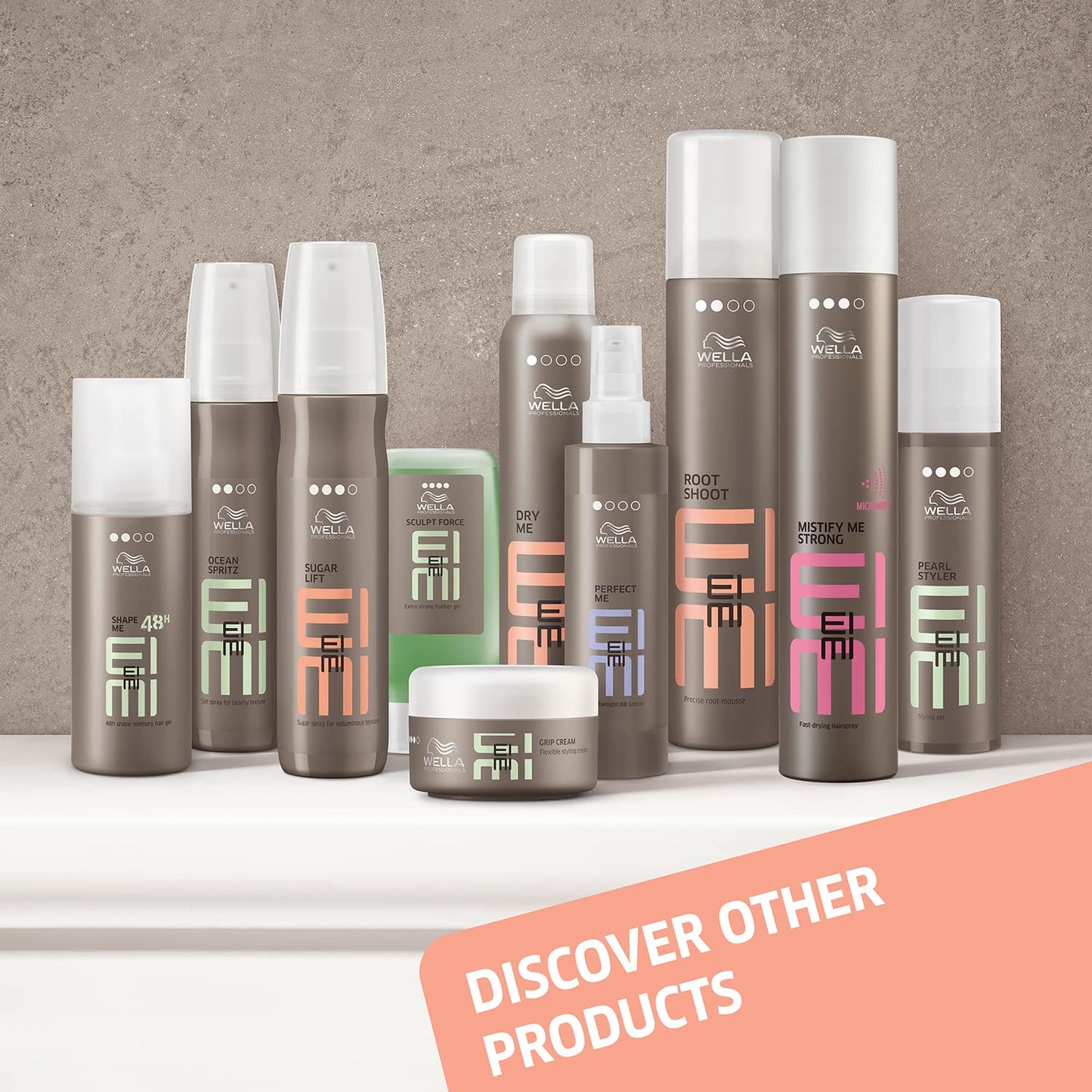 Collection of Wella hair care products on a gray background with promotional text.
