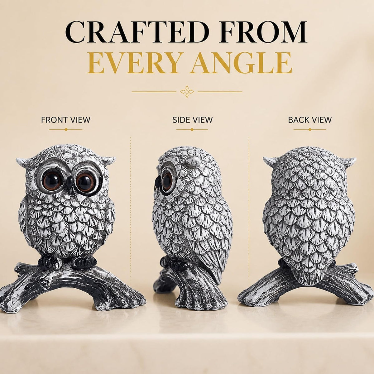 White Owl Figurine on Natural Wood-Look Log, Black & White Owl Statue for Home Office Desk Decor (Small)