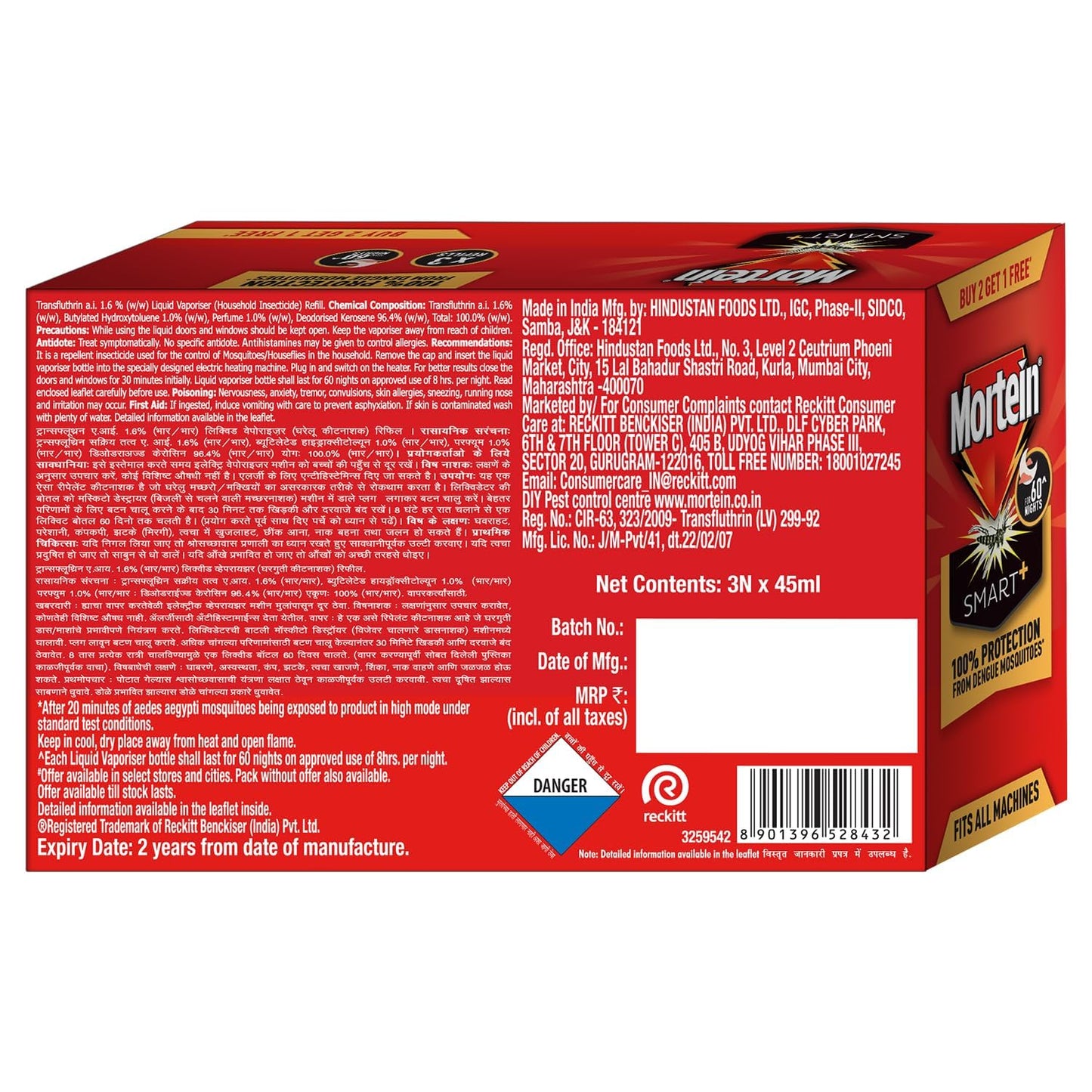 Mortein 45ml x 3 Refills With The Pleasant Fragrance of Mandarin & Neroli Liquid| Fits All Machines | Smartplus Mosquito Killer | 100% Protection from Mosquitoes | Insect & Mosquito Repellent