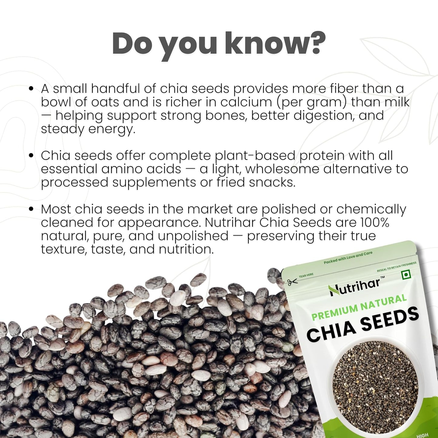 Nutrihar Premium Chia Seeds 100g | Rich in Calcium, Protein & Fibre | 100% Clean, Triple Sortex Chia Seeds 100 gm
