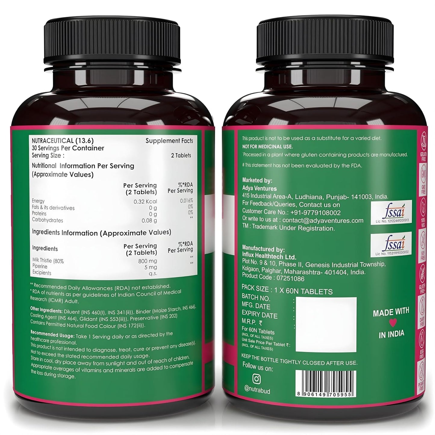 Nutrabud Milk Thistle Tablets With 800mg of 80% Silymarin - 60 Tablets - Liver Detox Supplement For Men And Women For Healthy Liver (60 Count (Pack of 1), Unflavoured)