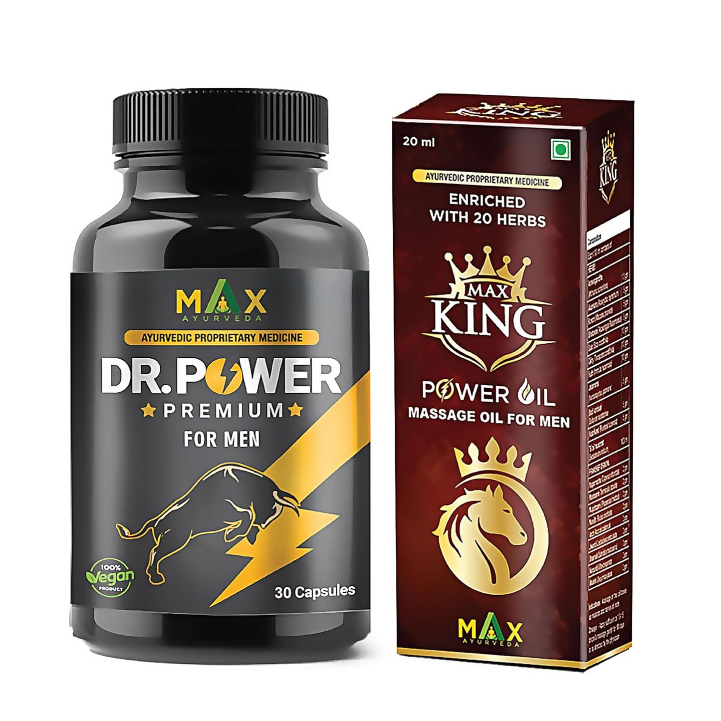 Max Ayurveda Dr Power Premium Capsules and King Power Massage Oil For Men (30 Capsules + 20ml Oil Bottle) Combo Pack