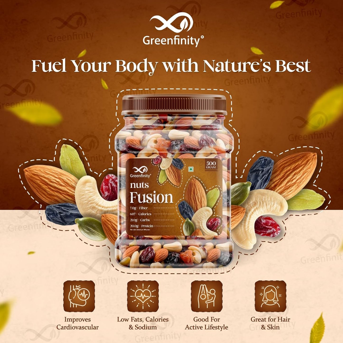 GreenFinity Mixed Dry Fruits Pack – 500g | Nutritious Snack with Almonds, Cashews, Raisins & Cranberries | Resealable Pack for Freshness
