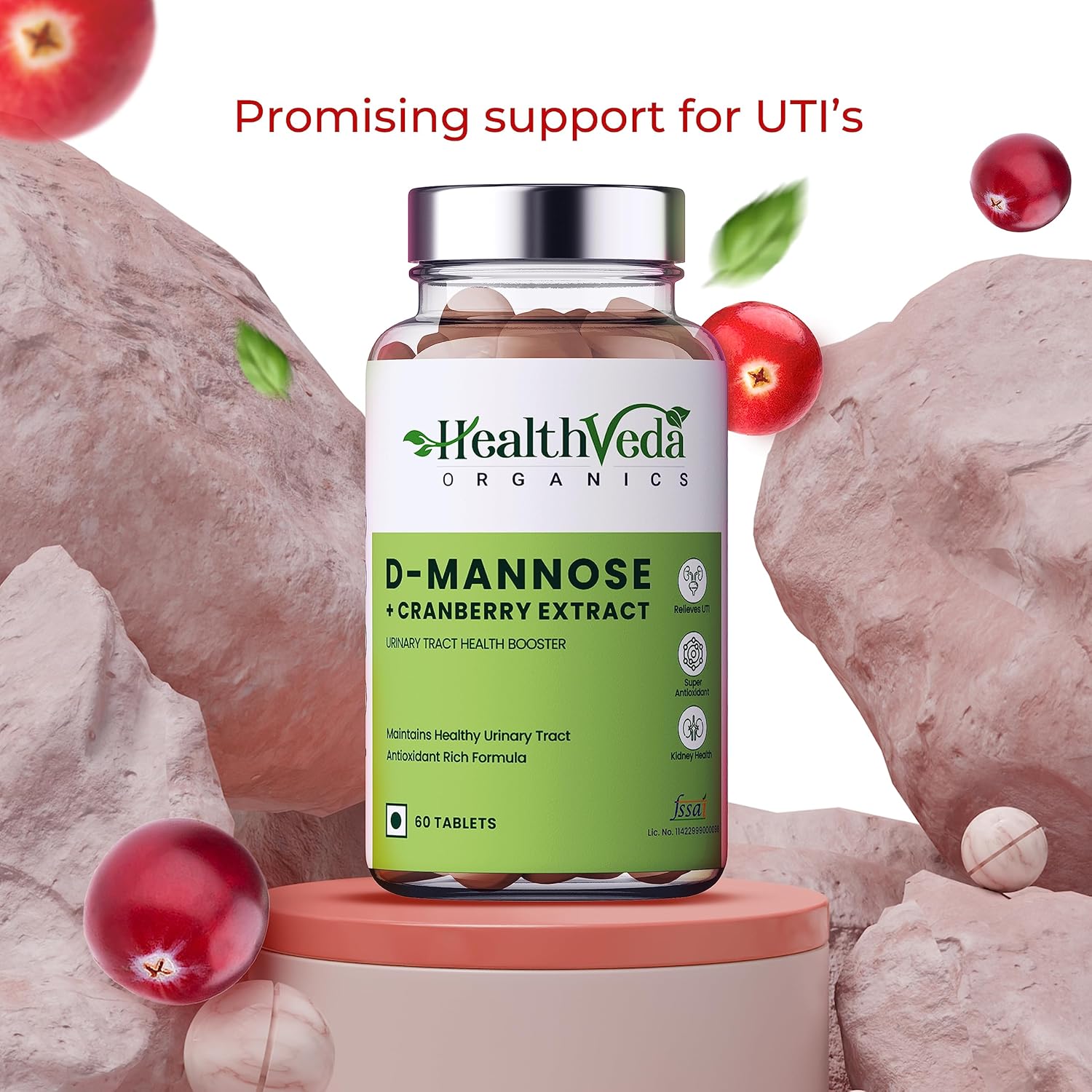 Zephivo HEALTH VEDA ORGANICS PRIVATE LIMITED D-Mannose 500 mg + Cranberry Extract 200 mg | 60 Veg Tablets I Supports Kidney Health & Urinary Tract Infection