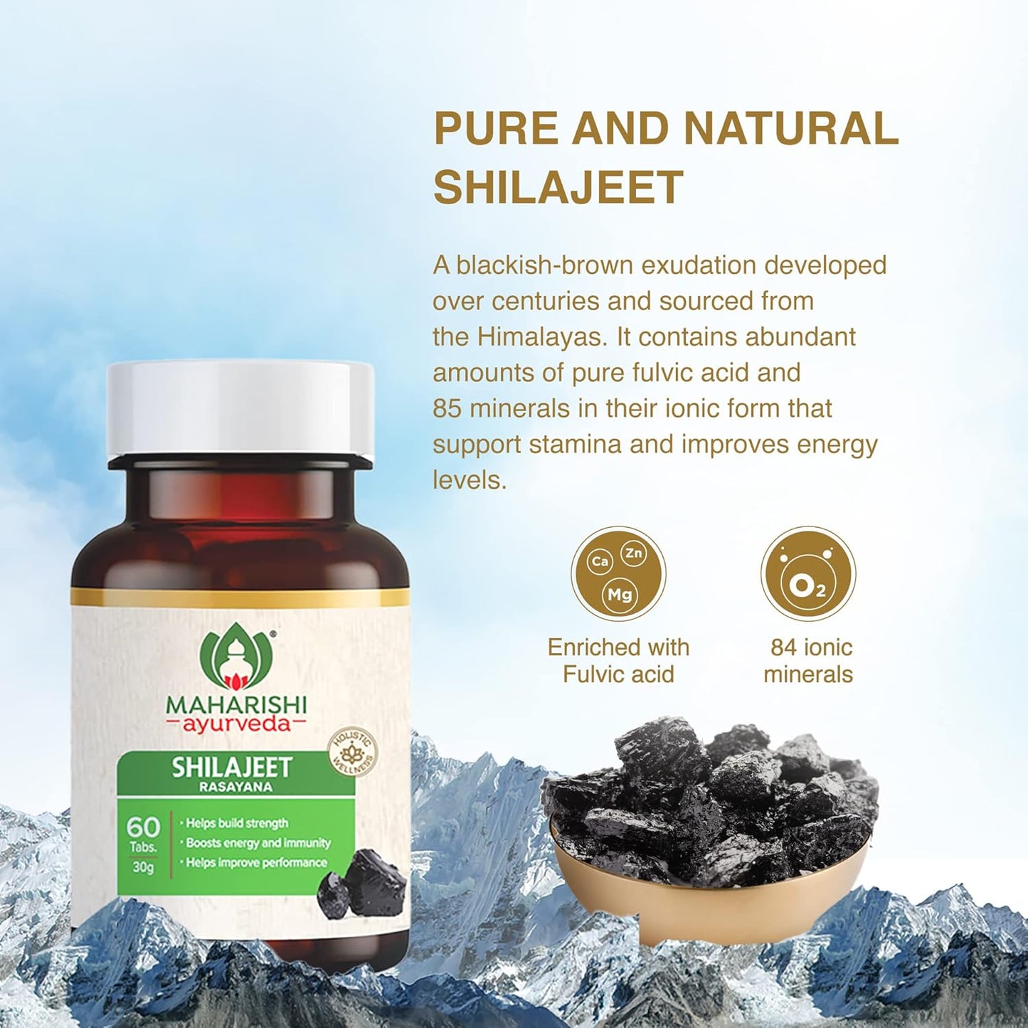 Zephivo Maharishi Ayurveda Shilajeet Rasayana 500 MG | Natural & Pure Shilajit for Strength, Stamina & Endurance | 60 Tablets