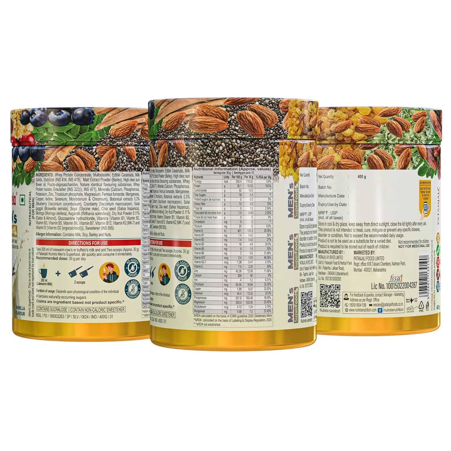 Nutrela Men Superfoods With Whey Protein Powder - 400g, Vanilla Flavor | Everyday Fitness with Biofermented Multivitamins & Whey Protein to support in Bone & Joints Health , Muscle , Heart , Hair & Nails , Ednergy Booster and Mood Stabilizer