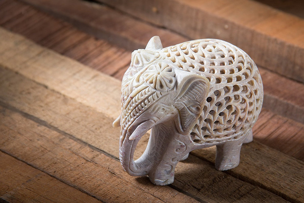 Shopstone Elephant Figurines Handmade in Jali Or Openwork from A Single Block of Stone from India, White, 3 inch