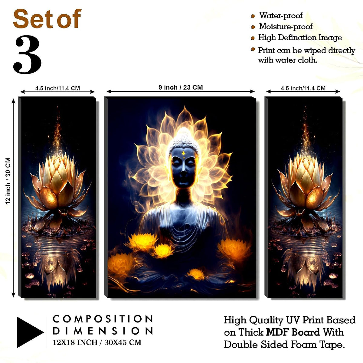 Glowing Buddha with Lotus Wall Art – 3-Panel UV-Printed Enlightenment Triptych | Ready-to-Hang Spiritual Meditation Décor (20 Inch x 12 Inch) JM-35305