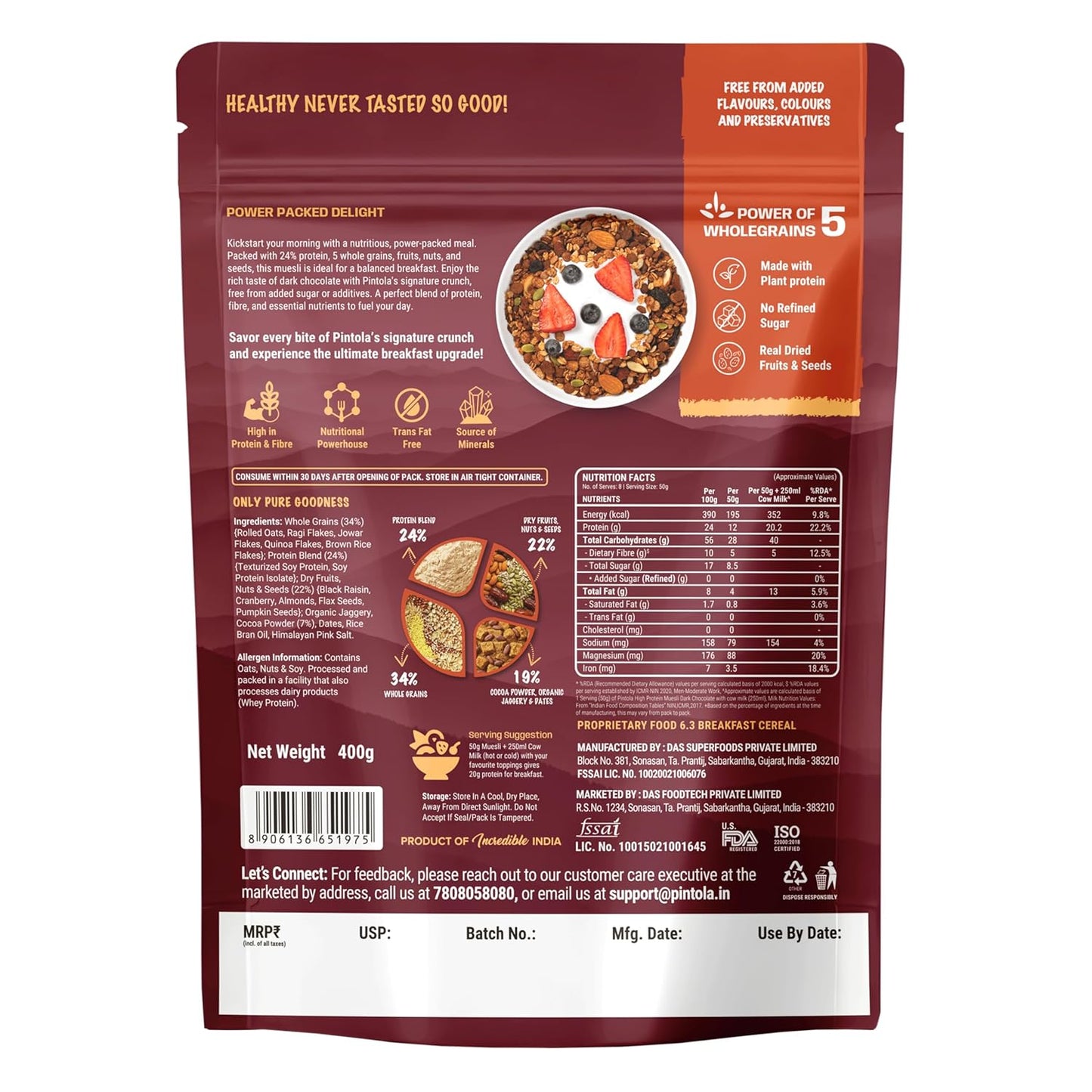 Pintola High Protein Muesli Dark Chocolate & Cranberry 400g, 24g Protein, High Fibre, Trans Fat Free with Brown Sugar, Real Fruits, Muesli for Breakfast Food, Muselies Fruit Nuts and Seeds (400g)