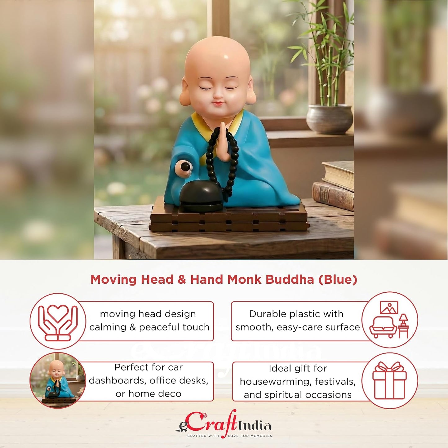 eCraftIndia Little Cute Buddha Monk Feng Shui Showpiece for Home Decor Office Car Dashboard | Moving Head and Hand Monk Buddha Statue for Positive Energy Money Luck Prosperity Gift (Plastic, Blue)