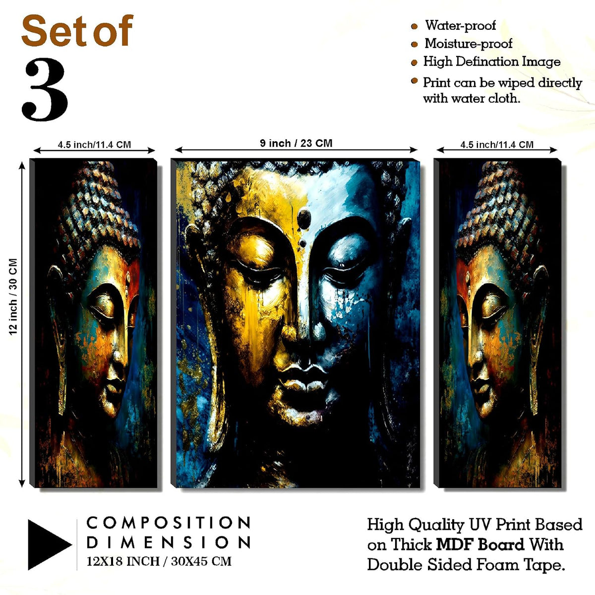 Abstract Gold & Blue Buddha Wall Art – 3-Panel UV-Printed Zen Triptych | Ready-to-Hang Spiritual Home Décor (20 Inch x 12 Inch) JM-35296