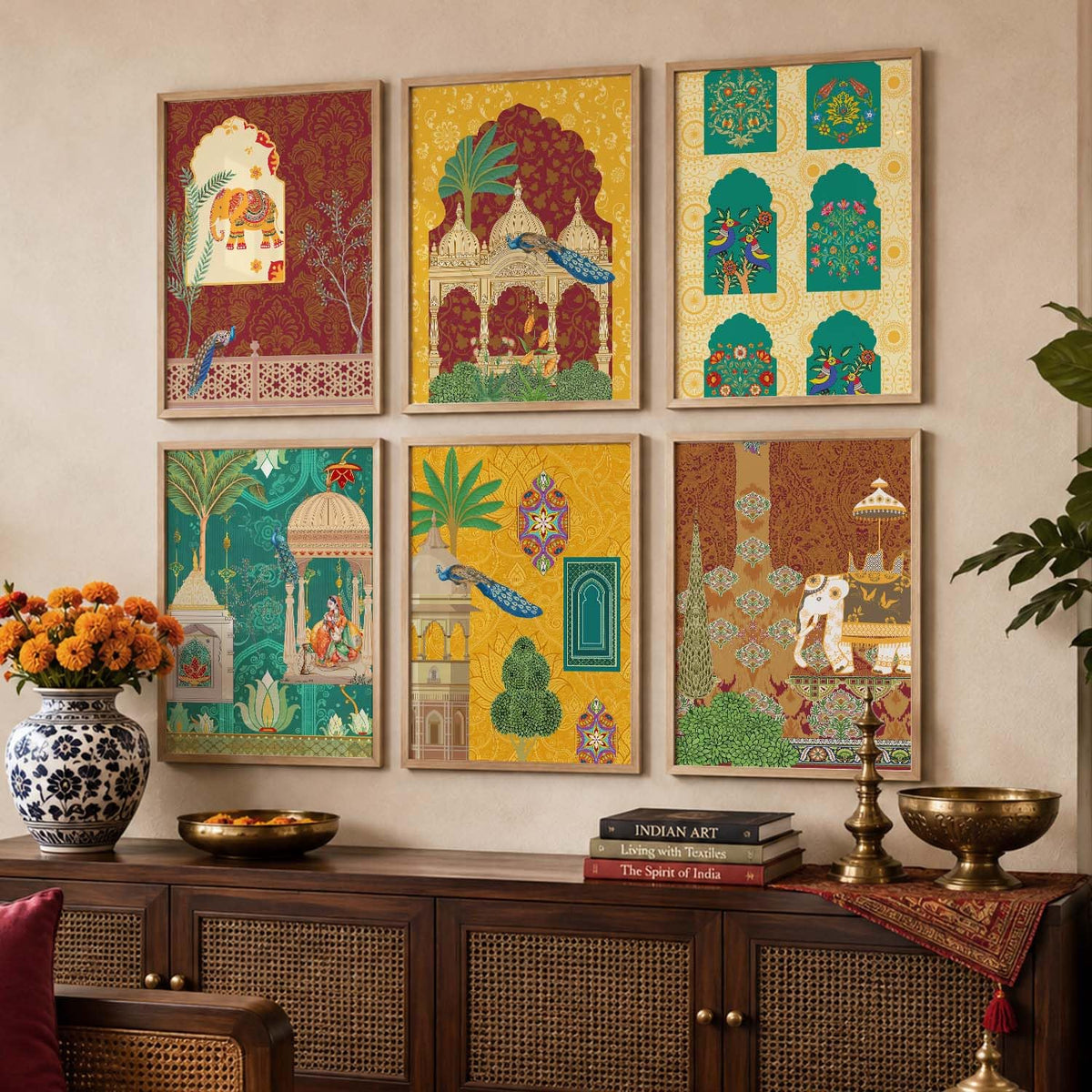 Indian Madhubani & Pichwai Wall Art | Traditional Framed Paintings for Living Room, Bedroom & Office Decor | Set of 6, 10x13 Inch
