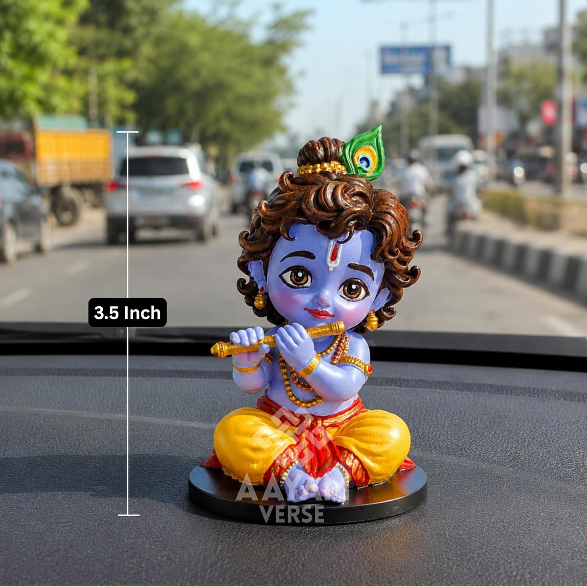 Balroop Blessings Natkhat Krishna Murti for Car Dashboard | 3.5 Inch Cute Laddu Gopal Idol | Premium Hand-Painted UV Resin Murti | Home Temple, Office & Gift