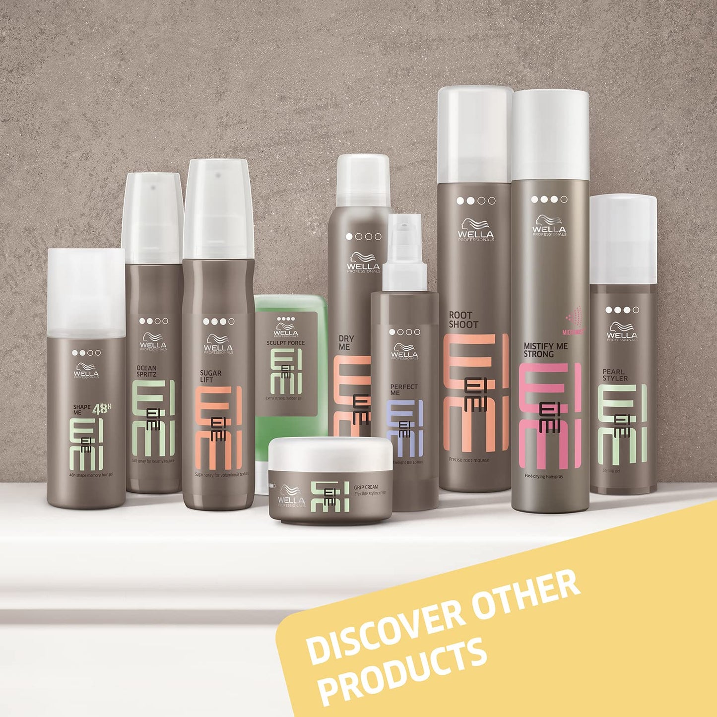 Collection of Wella hair care products on a gray background with a yellow banner.