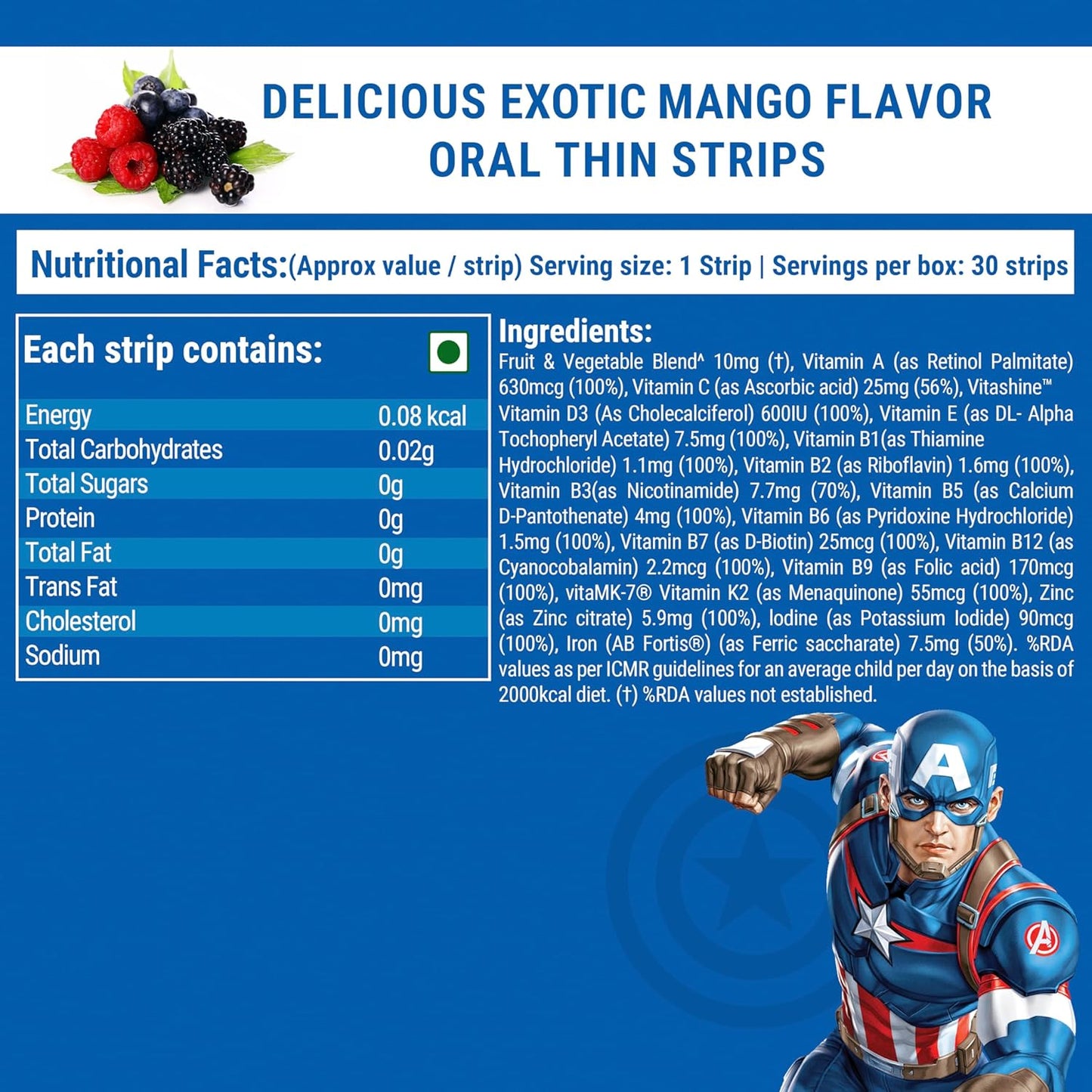 Wellbeing Nutrition Marvel Captain America Melts | Multivitamin for Kids (6+) to Improve Overall Growth & Develpoment with Vitamin A, B-Complex, C, D & Iron | Tropical Berry Flavor (30 Oral Strips)