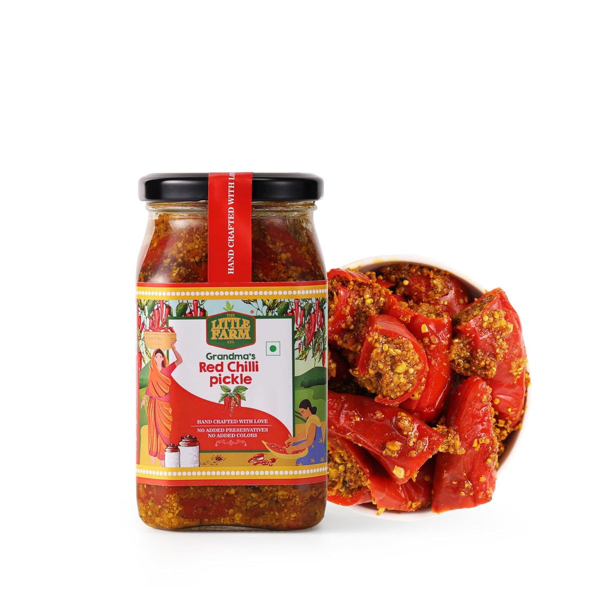 THE LITTLE FARM CO Banarasi Red Chilli Pickle - Lal Mirch ka Achar | Less Oil Mustard Base Homestyle Bharwa Lal Mirch Ka Achar with Spicy Flavour | No Added Preservatives, Artificial Colours & Flavours