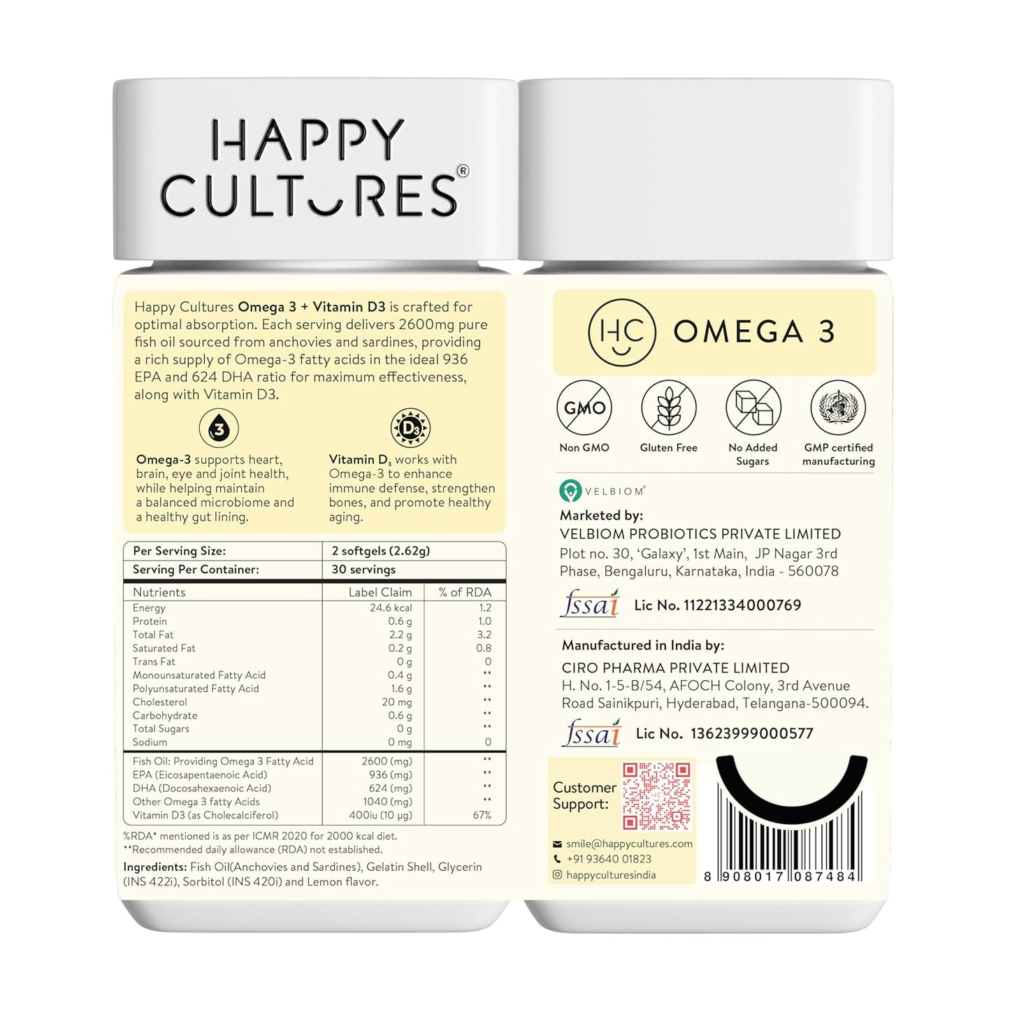 Happy Cultures 5X Omega 3 Fish Oil Capsules | 5X Strength 2600 Mg | 936 mg EPA & 624 mg DHA | No Fishy Burp | For Brain, Heart, & Joint Health | Lab Tested | Lemon Flavour- 60 Softgel for Men & women