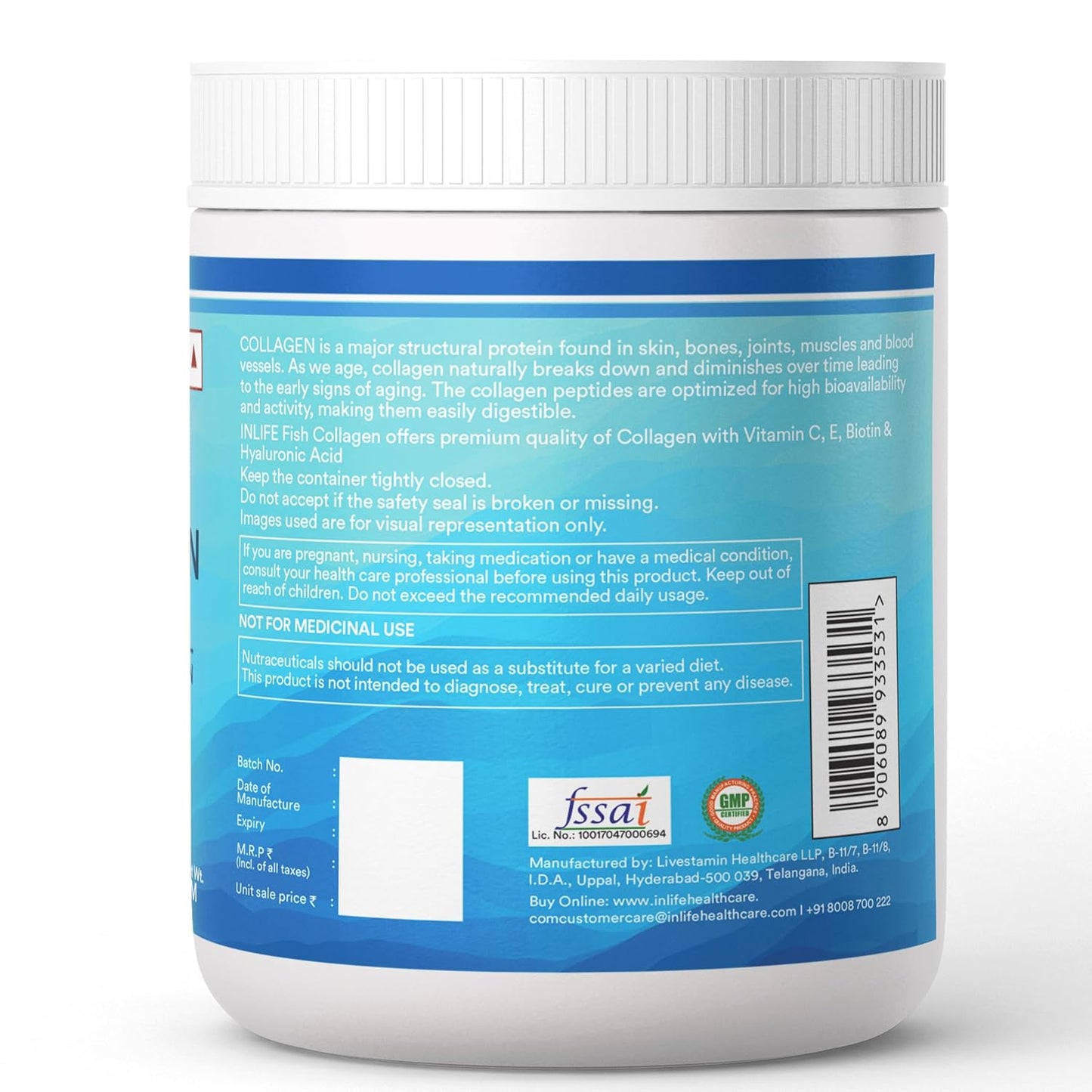 INLIFE Hydrolyzed Marine Collagen Tripeptides Supplement | Vitamin C, E, Biotin & Hyaluronic Acid | For Skin, Hair & Nails,(200g, Orange)