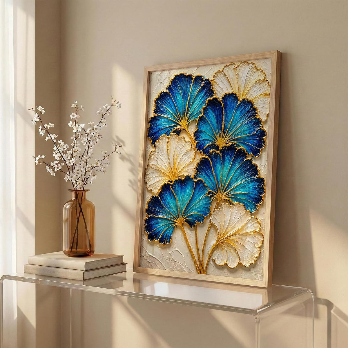 Blue White Ginkgo Framed Wall Art, Natural, 10x13 Inches