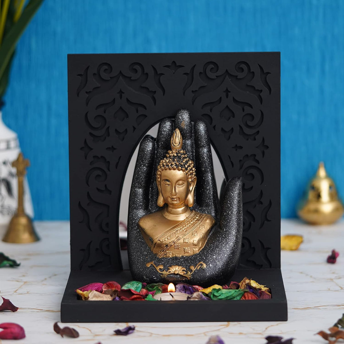 eCraftIndia Grey Golden Resin Palm Lord Buddha Idol Tea Light Candle Holder| Gautam Buddha Statue Tea Light Holder Diwali Decoration Items for Home Decor| Buddha Showpiece Gift for Diwali Housewarming
