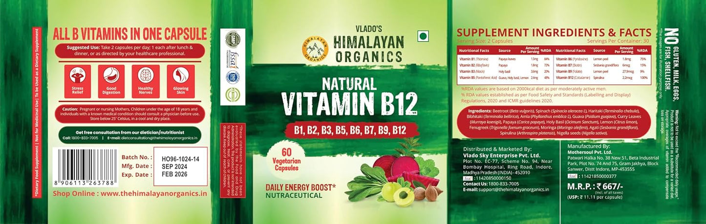 Vlado’s Himalayan Organics Plant-Based Vitamin B12 with B-Complex & Moringa | Energy, Nerve & Brain Support | 60 Veg Capsules