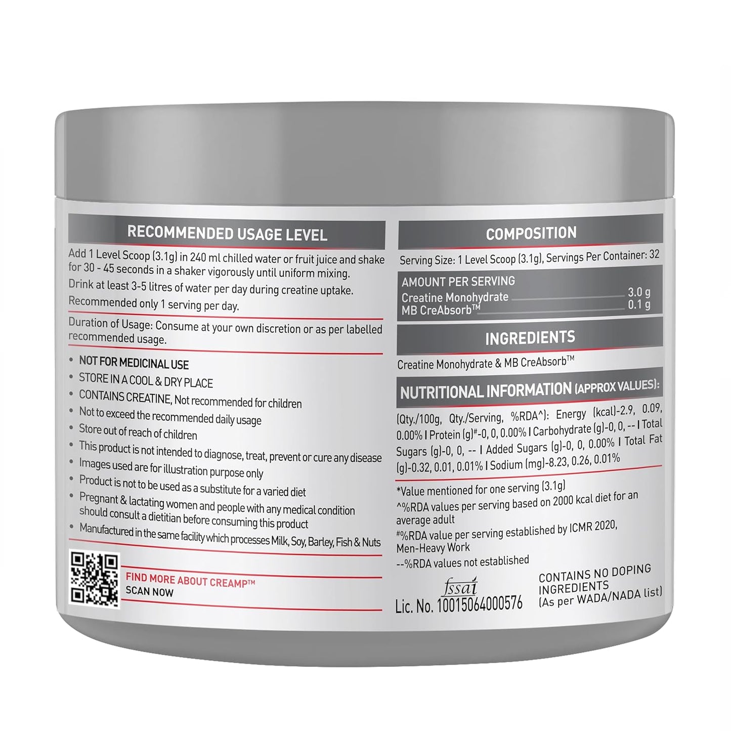 MuscleBlaze Micronised Creatine Monohydrate CreAMP Powder, Unflavoured (32 Servings, 100g) | Trustified Certified Creatine