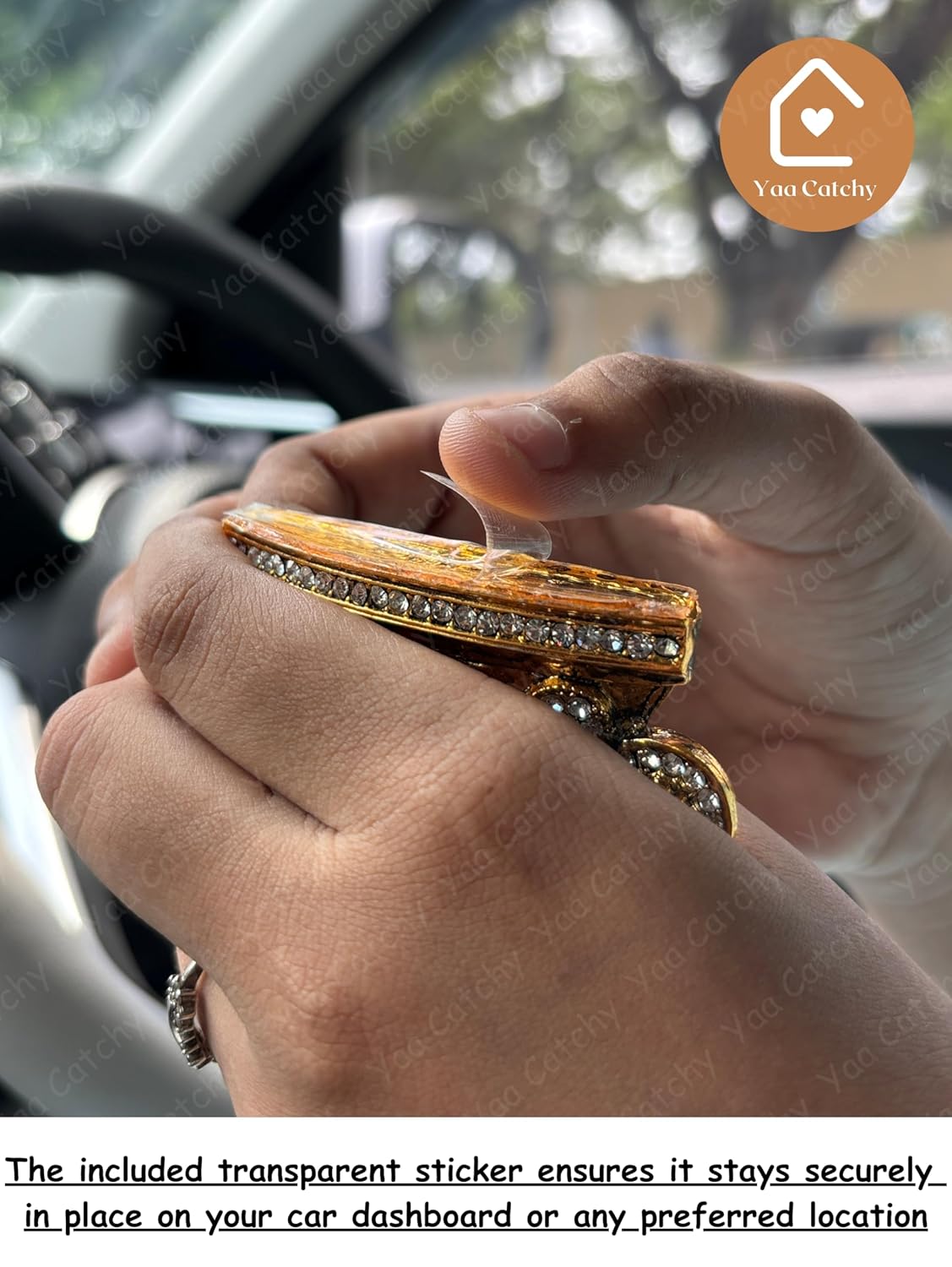 Yaa Catchy Lord Ganesha Car Dashboard Idol & Crystal Stones Lotus Base Design Hindu God Ganpati.Believed to Protect and Bless Travelers on Their Journeys.(Gold)