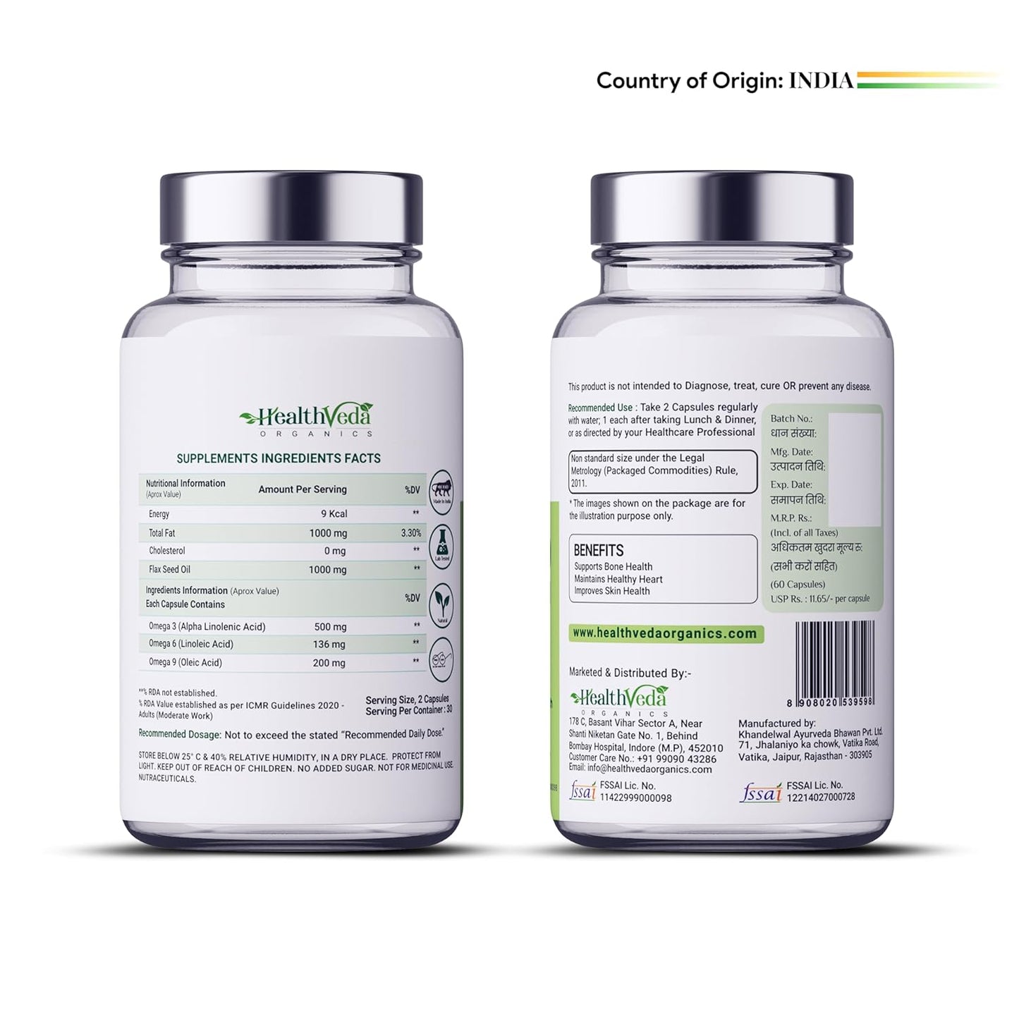 Zephivo Health Veda Organics Vegan Omega 3-6-9 Flaxseed Oil (1000mg) for Healthy Bones, Hair & Skin| 60 Veg Soft Gel Capsules for Both Women & Men