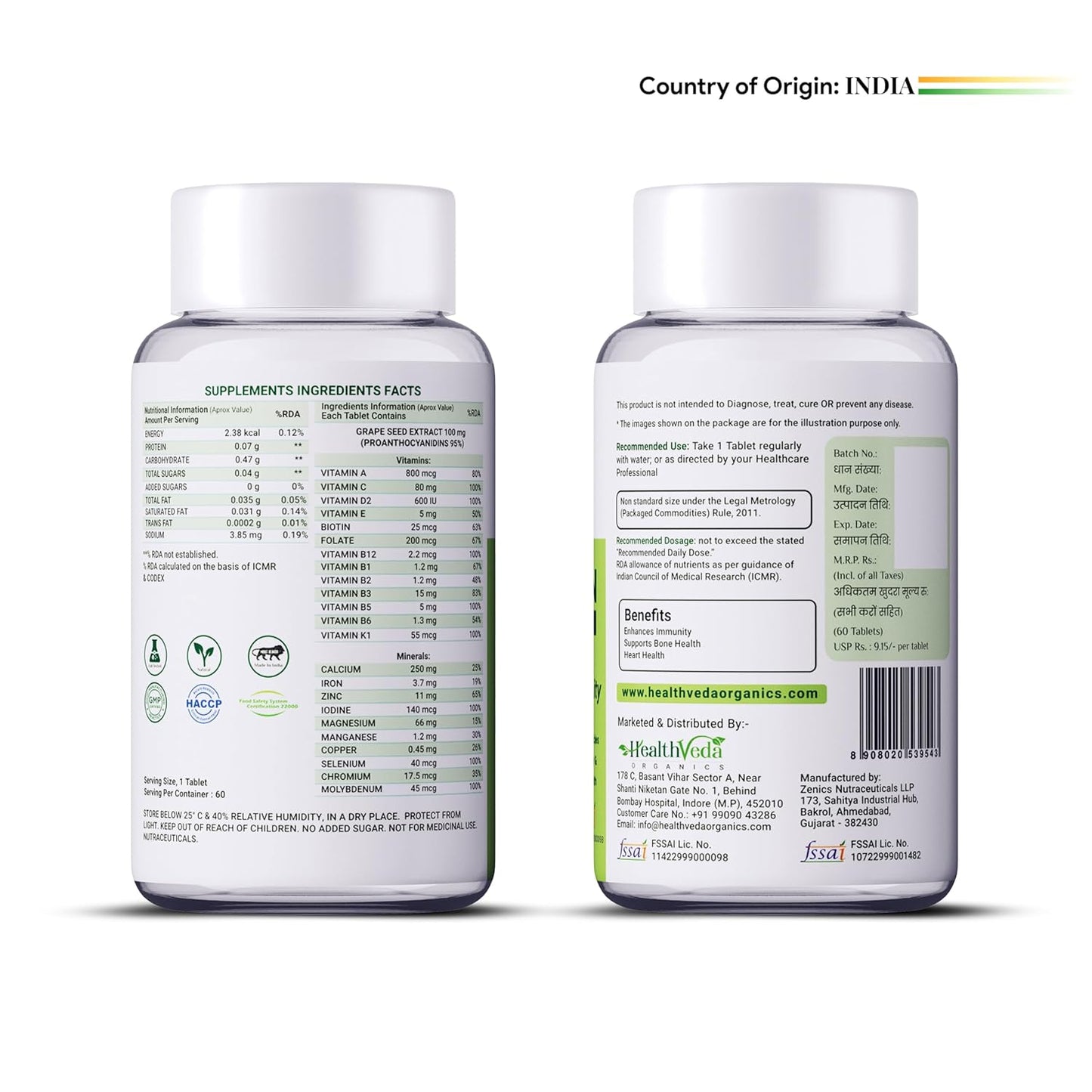 Zephivo Health Veda Organics Multivitamin for Men, 60 Multivitamin Tablets, with Zinc, Vitamin C, Vitamin D3, Multiminerals and Ginseng Extract, Enhances Energy, Stamina & Immunity