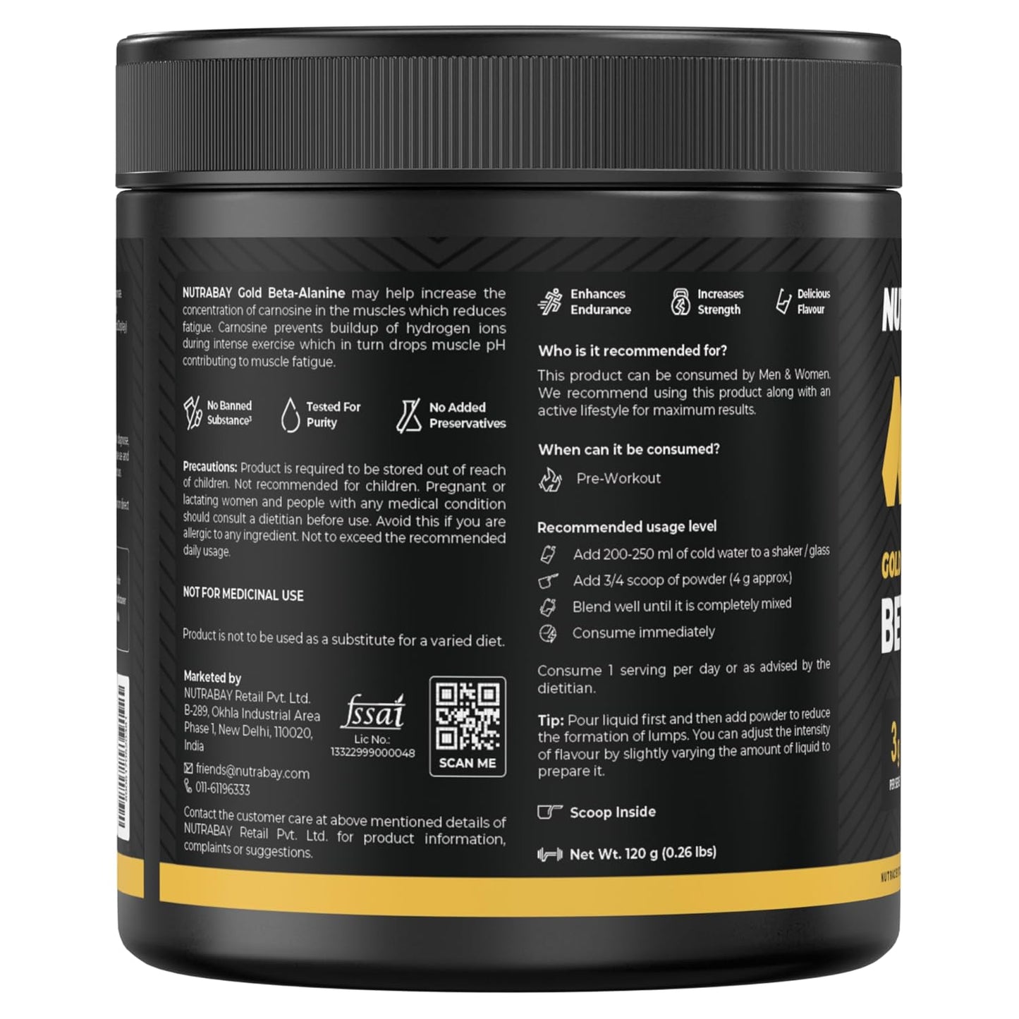 Nutrabay Gold Beta Alanine Supplement Powder 120g, Lemon Flavor – Pre Workout Amino Acid for Endurance & Fatigue Reduction