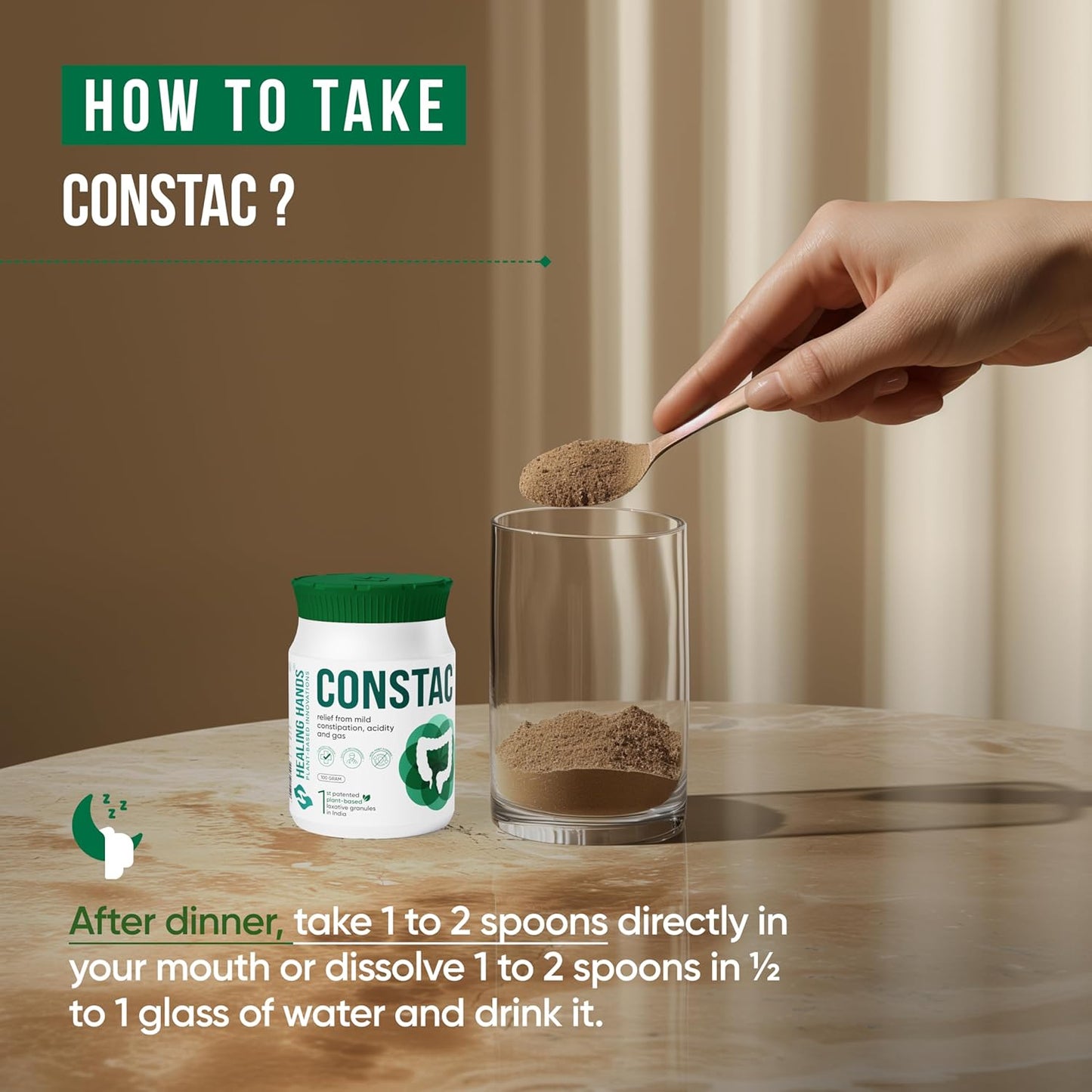 Healing Hands Constac for Relief in Mild Constipation, Acidity and Gas, Plant Based Natural Constipation Solution, Clinically Proven, Herbal – 100gm (Granules)