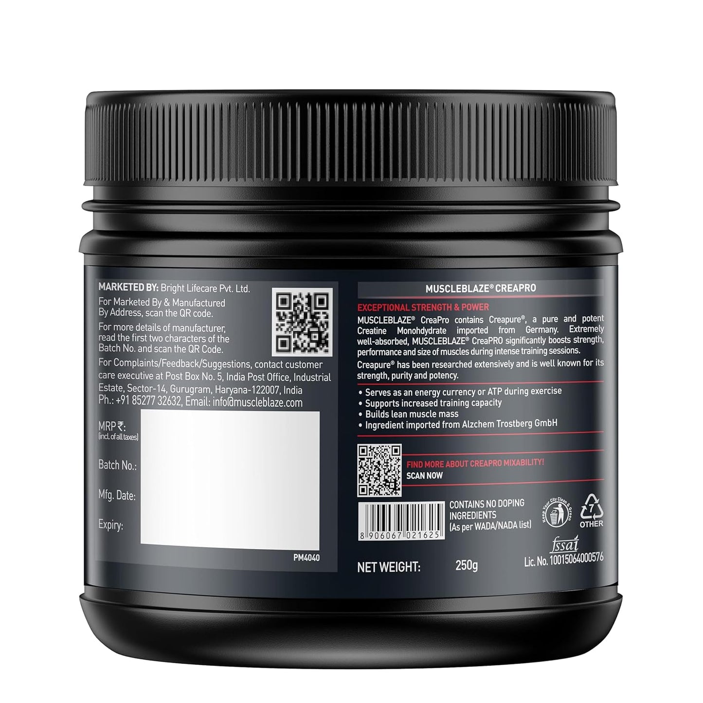 MuscleBlaze CreaPRO Creatine Monohydrate Powder with Creapure, Unflavoured (83 Servings, 250g)
