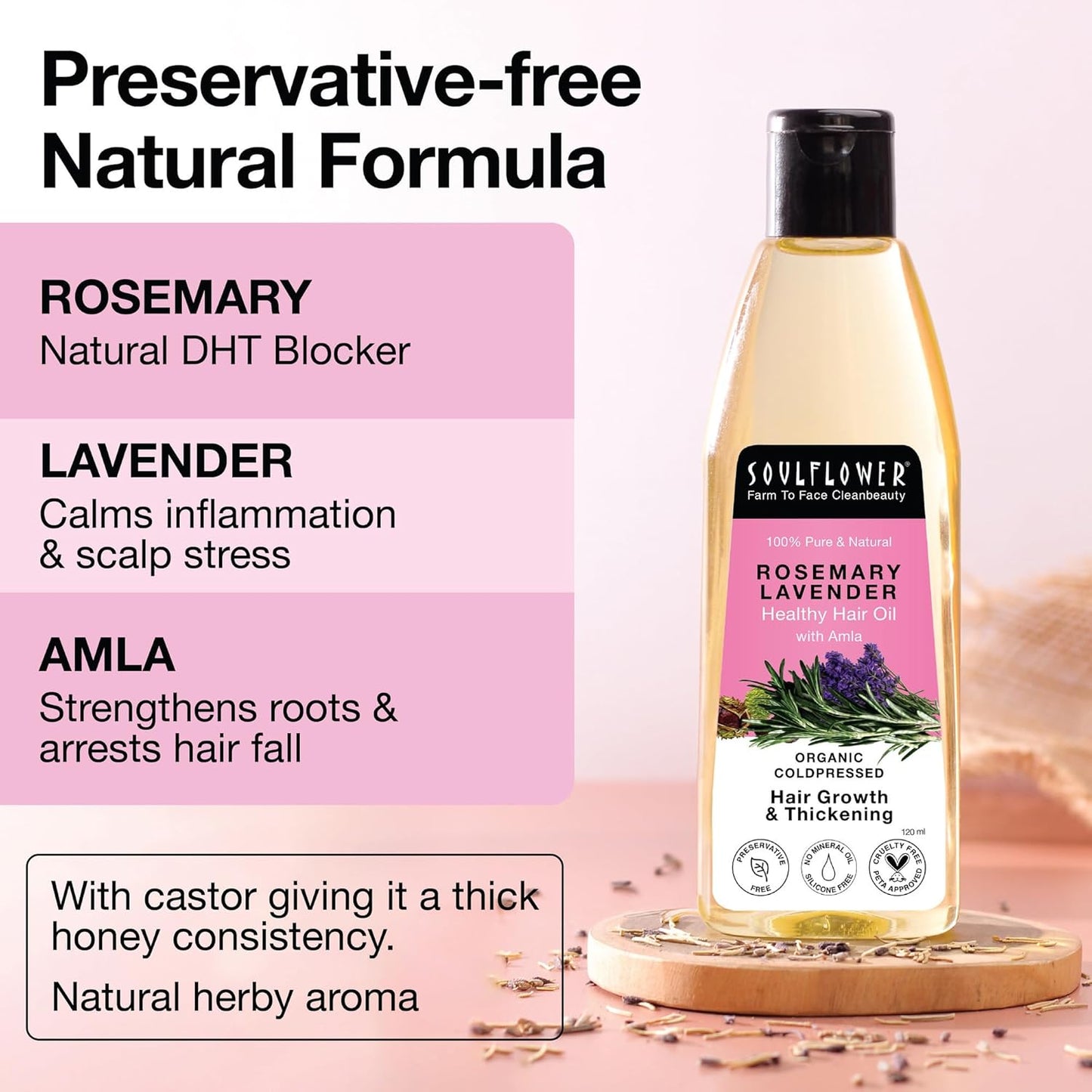 Soulflower Rosemary Lavender Hair Oil For Healthy Hair, Scalp Nourishment, Hair Growth - 100% Pure & Natural Undiluted Cold Pressed Oil, 120Ml