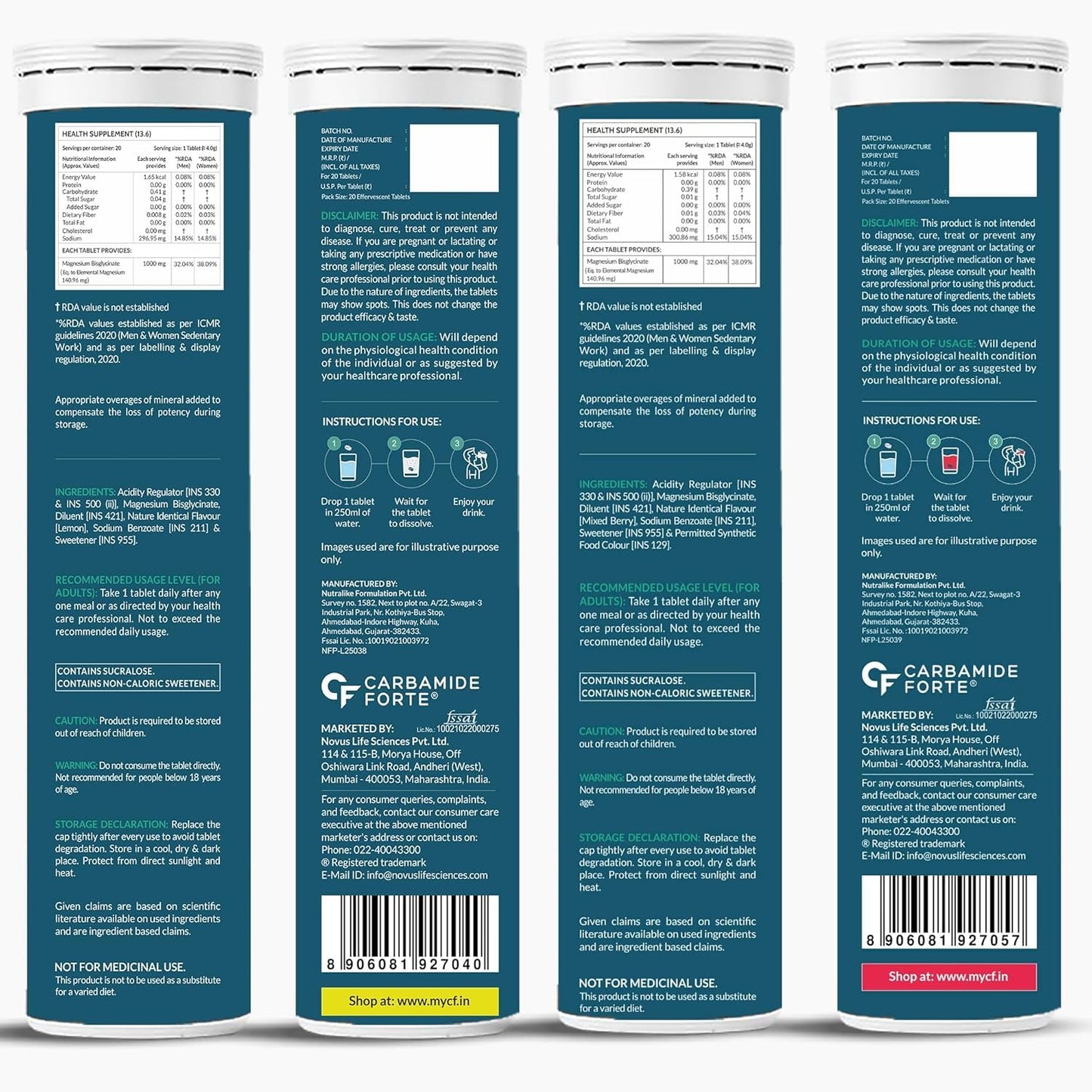 Carbamide Forte Magnesium Supplements Bisglycinate Effervescent Tablets 1000mg | Magnesium Glycinate Tablets | Supports Sleep, Muscle Cramp & Nerve Function - 2 X 20 Tablet - Lemon & Mixed Berry Flavour