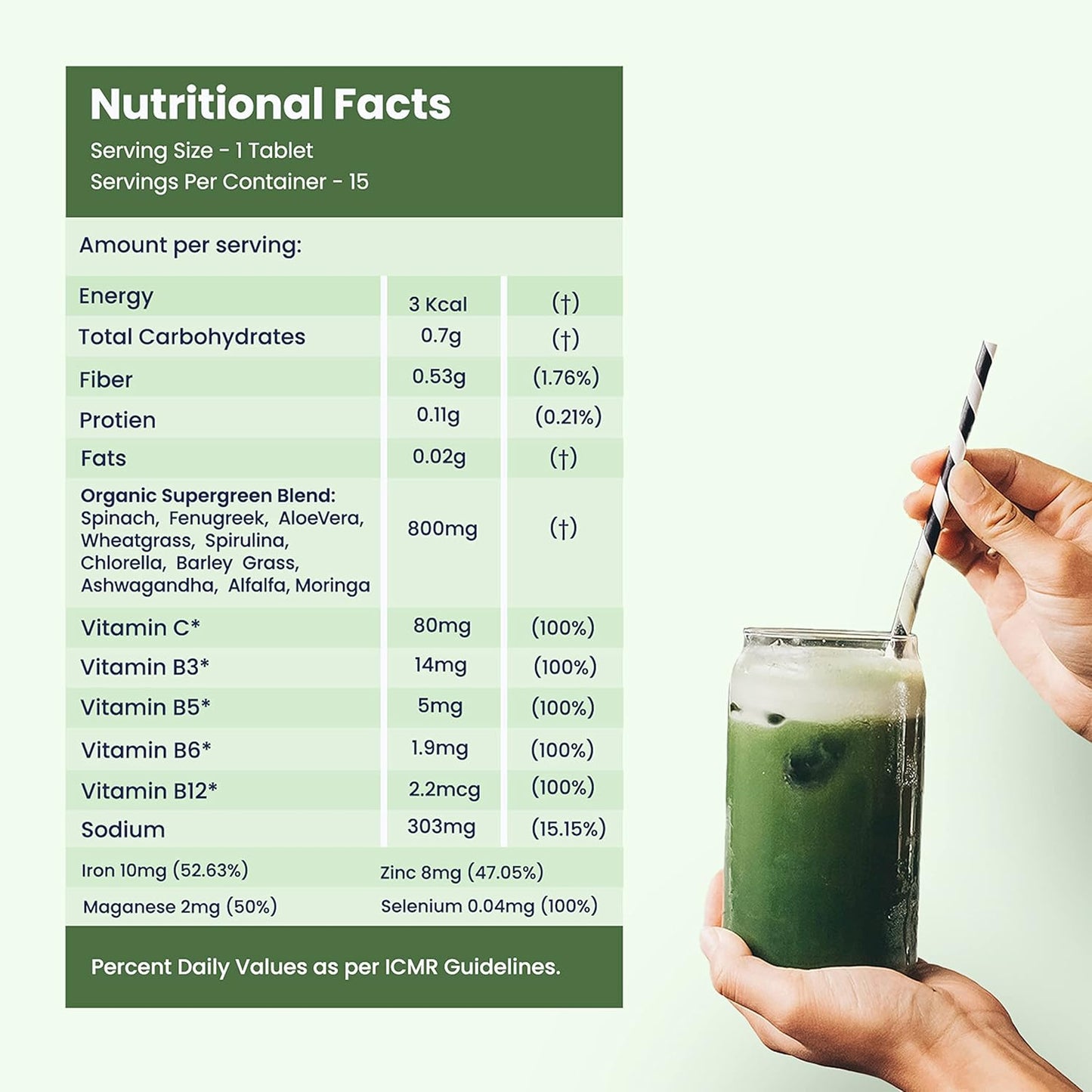 Zephivo Wellbeing Nutrition Daily Greens (15 Effervescent Tablets) | Wholefood Multivitamins with Vitamin C, Zinc, B6 for Immunity & Detox with Organic Certified Plant Superfoods & Antioxidants