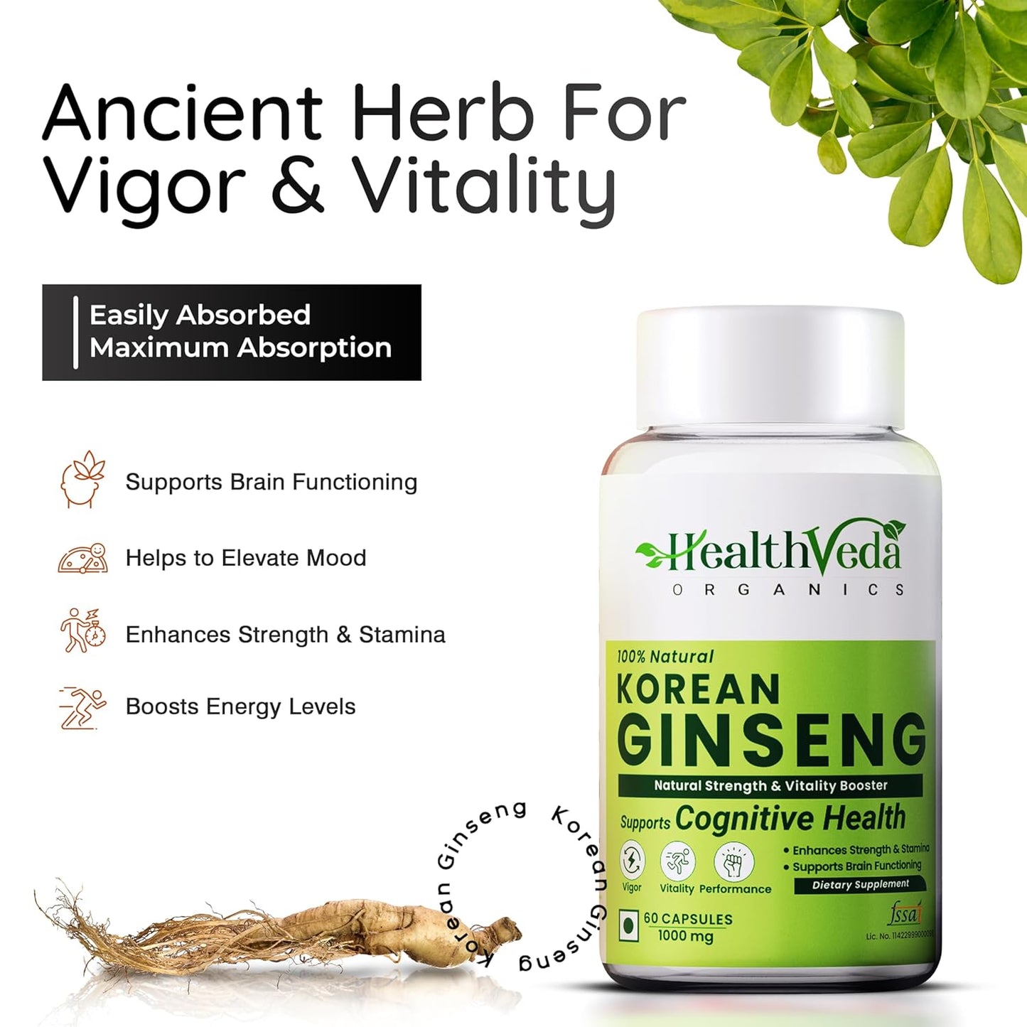 Zpehivo HEALTH VEDA ORGANICS PRIVATE LIMITED Korean Red Ginseng 1000 mg | 60 Veg Capsules | Supports Energy, Vitality & Strength | For Men & Women