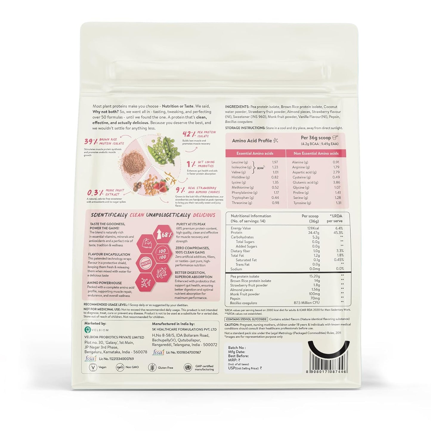 Happy Cultures Plant Protein 505g - Strawberry & Almond | 24g Protein | Vegan | Pea & Brown Rice Protein | No Added Sugar | Dairy Free | Probiotics | Easy Digestion | For Men & Women