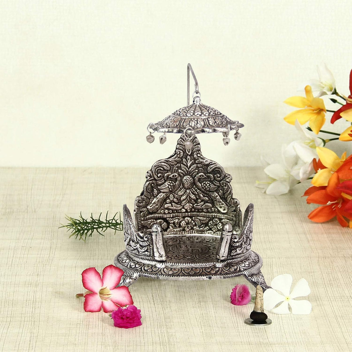 Metal Singhasan with Chhatra Antique Silver Finish Divine Peacock Design Pooja Chowki Seat for Laddu Gopal Temple Decoration - 7 Inch