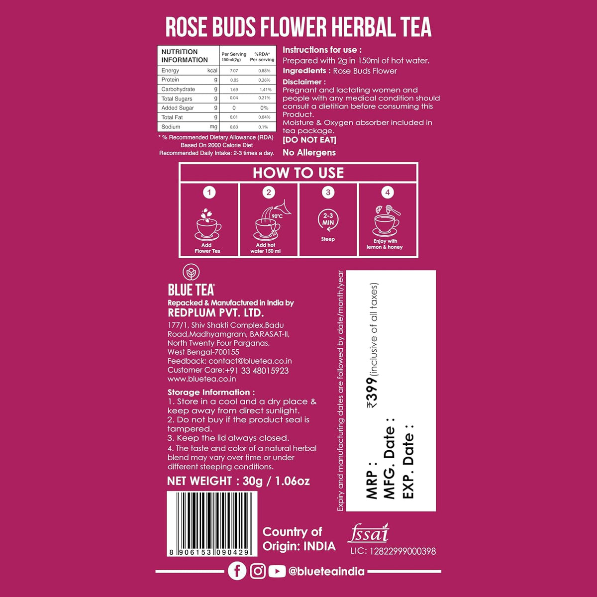 BLUE TEA - Rose Buds Tea - 30gm - 30+ Cups | Rich in Vitamin-C - For Hair & Skin | Caffeine Free - Natural - Flower Based - Herbal Tea | Pet Jar Pack