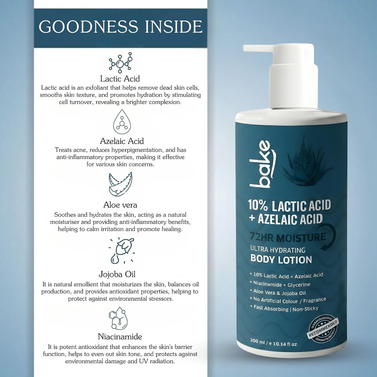 BAKE 10% Lactic Acid Body Lotion with Azelaic Acid | Smooths Rough & Bumpy Skin, Exfoliates Skin & Reduces Body Acne | Ultra Hydrating Body Lotion | 300ml