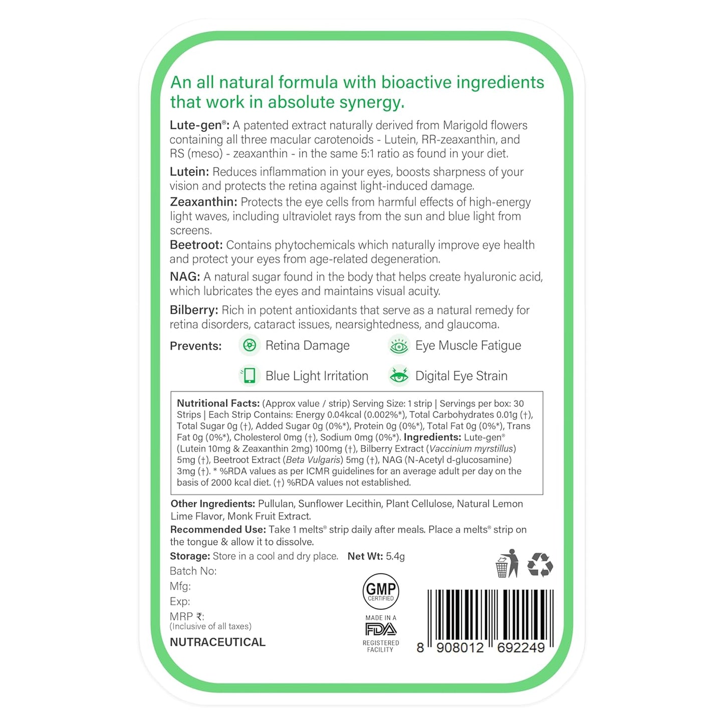 Wellbeing Nutrition Melts Eye Care Vitamins with Lutemax 2020 (Lutein + Zeaxanthin), Bilberry, Beetroot | Prevents Blue Light Damage, Glare Sensitivity & Digital Strain Guard (30 Oral Strips)