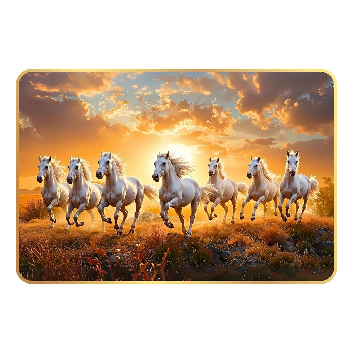 7 Running Horses MDF Wall Art 12x18 Inch | Golden Border Vastu Painting for Home & Office Décor | Modern Elegant Wall Hanging Frame for Living Room, Bedroom (Design 1)
