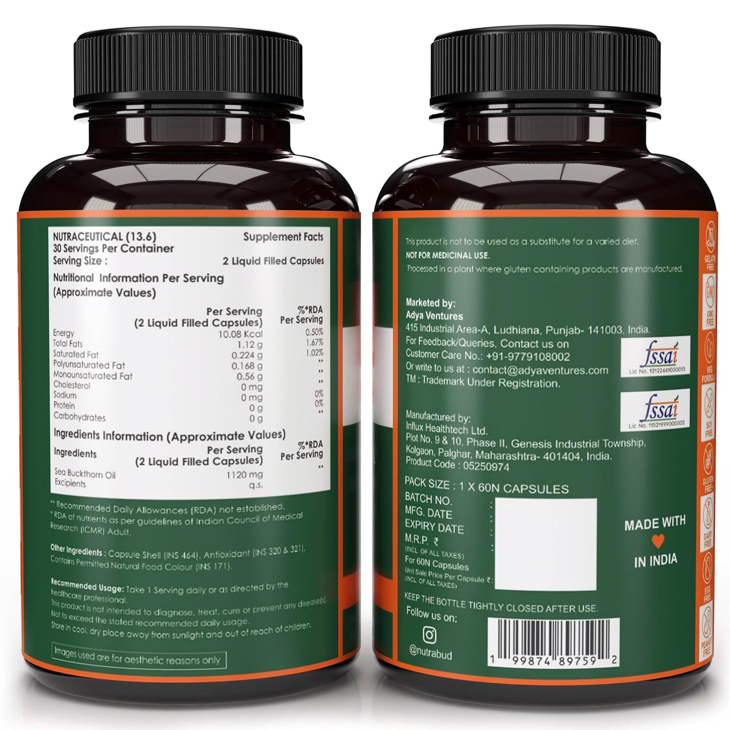 Nutrabud Himalayan Sea Buckthorn Berry Oil -1120mg per serving - Cold-Pressed Vegetarian Omega 3,6,7,9 Oil for Skin Glow, Immunity & Gut Health Supplement (60 Count (Pack of 1), Unflavoured)