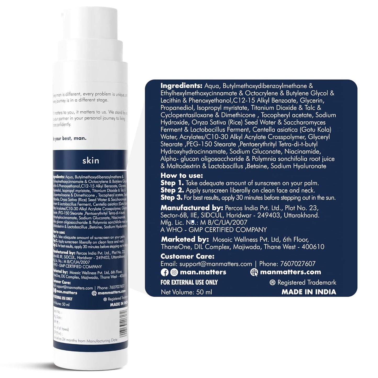 Man Matters Probiotic Sunscreen SPF 50 PA++++ 50ml | SunCat MTA Technology | Sweat Resistant & Broad Spectrum Protection | Centella, Rice Water & Niacinamide | Non Greasy, 0 White Cast & Lightweight